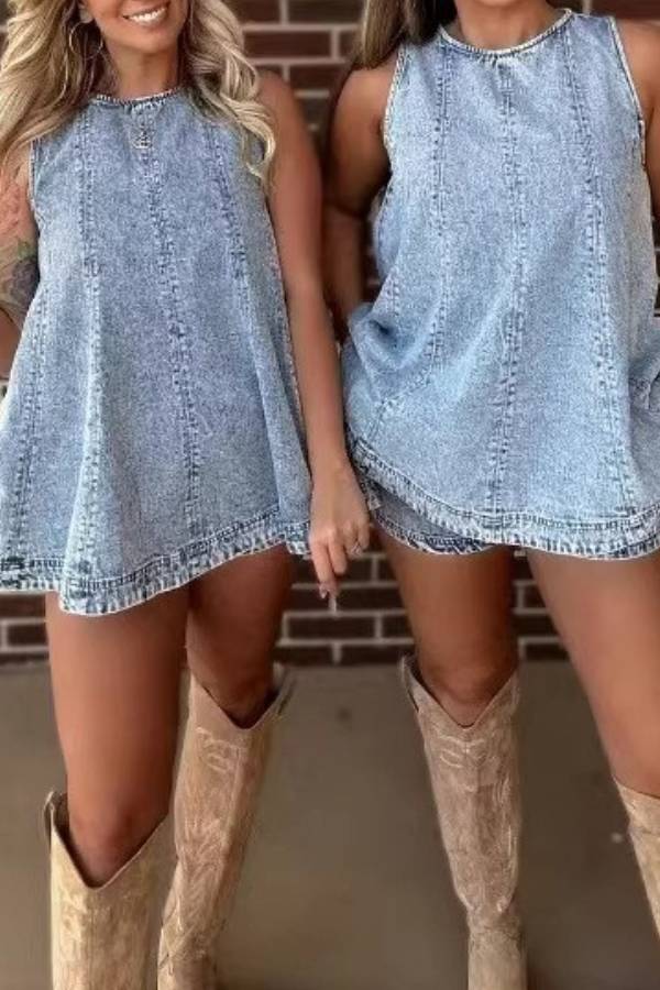 Washed Denim Two Piece Set Sleeveless A-Line Tunic Top Elastic Waist Shorts Western Casual Outfit