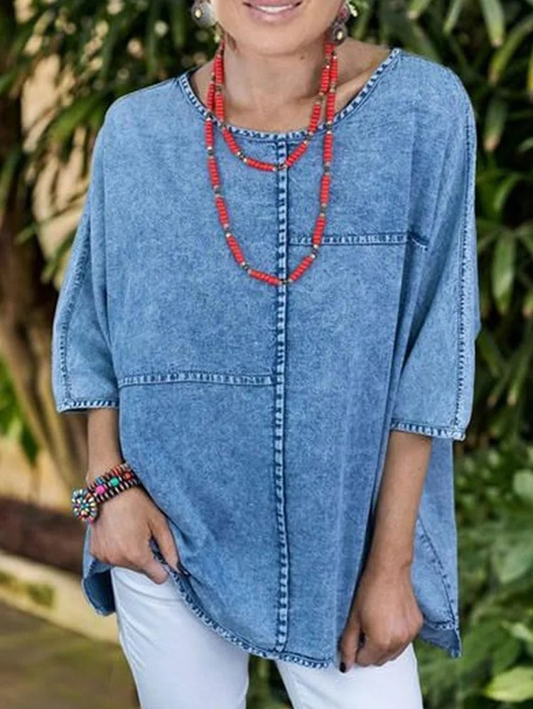 Casual Plain Half Sleeve Spliced Denim Loose Shirt