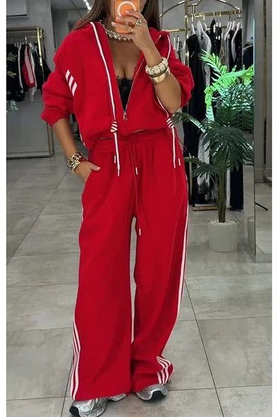 Fashionable Sporty Color-blocked Stripes Zip-up Hooded Sweatshirt and Elastic Waist Pocket Pants Set