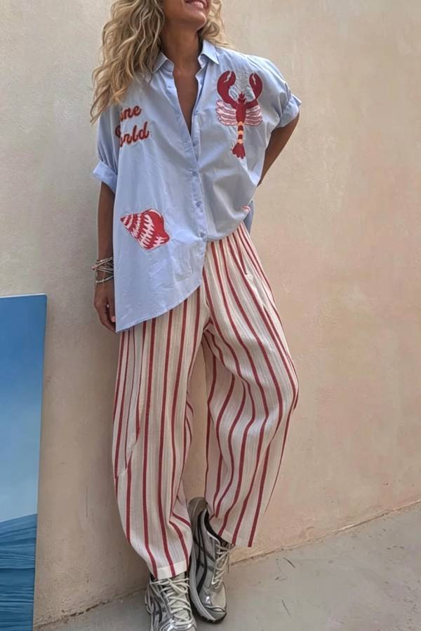 Piper Unique Lobster Ocean Embroidery Pattern Half Sleeve Oversized Shirt