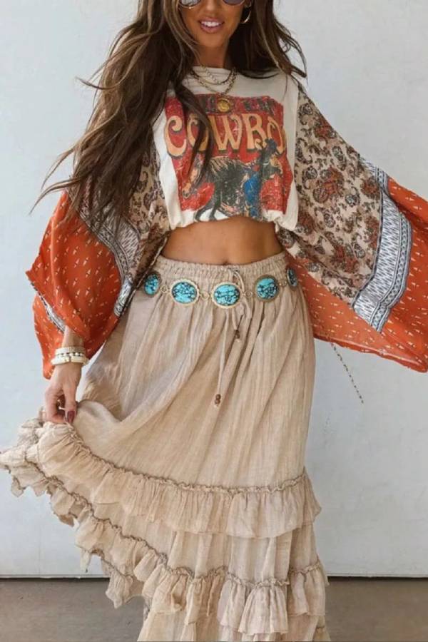 Western Cowboy Print Color‑Block Batwing Sleeve Crop Top