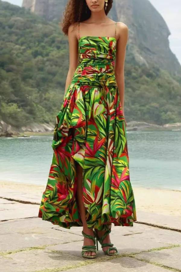 Tropical Leaf Print Cami Slit Flowy Vacation Maxi Dress