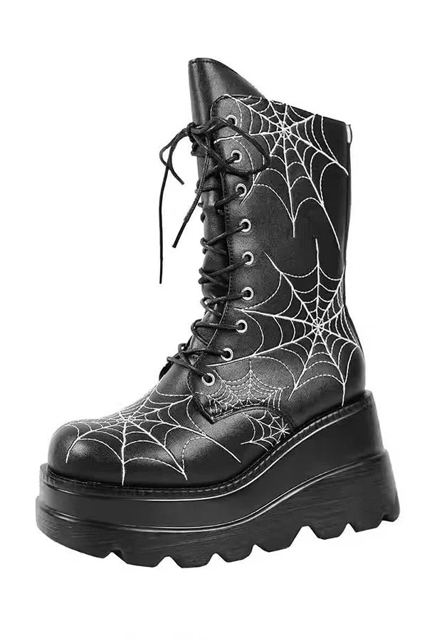 Platform Ankle Boots with A Spiderweb Pattern