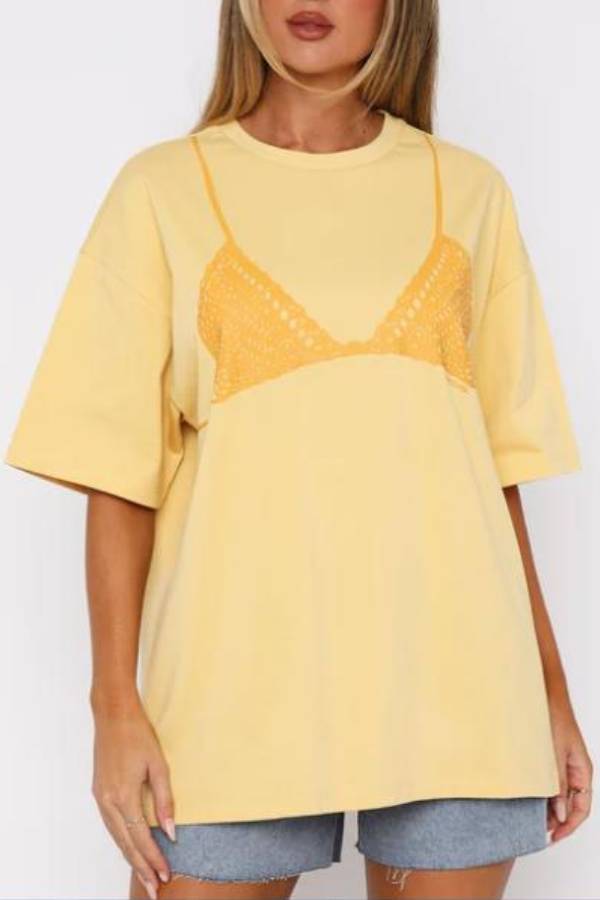 Fake Two-Piece Bikini Print Oversized Drop Shoulder T-Shirt Beach Cover Up