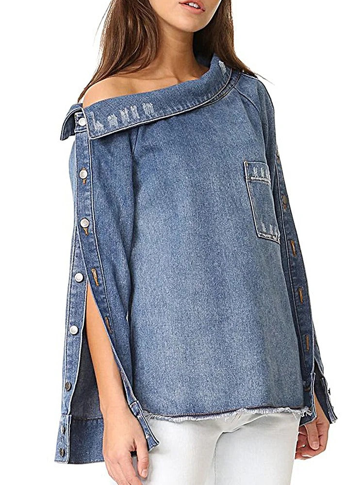 Casual Plain Cold Shoulder Button Long Sleeve Ripped Denim Blouse