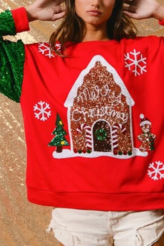 Red Gingerbread House Sequin Sweatshirt