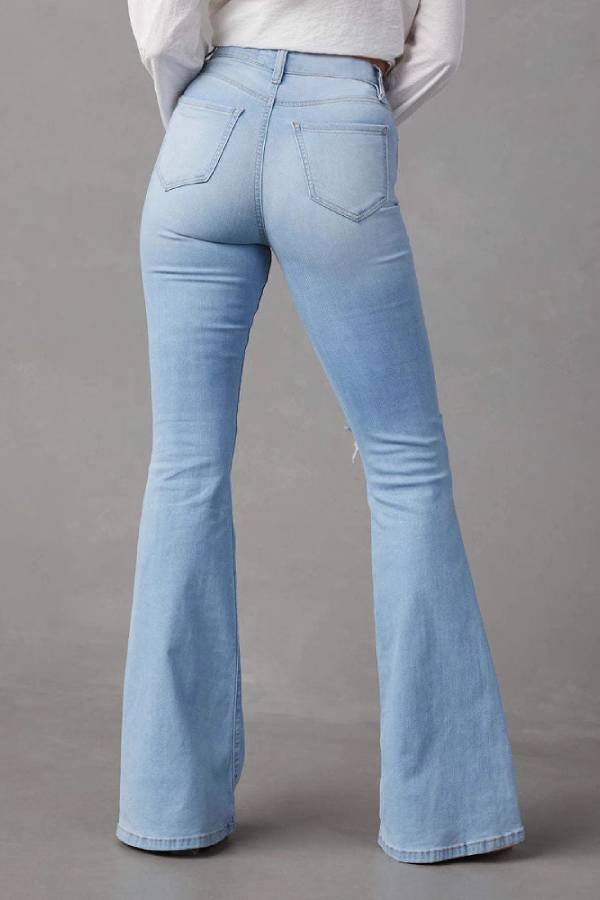 High Waist Ripped Flare Jeans Light Wash Stretch Destroyed Bell Bottom Denim Pants