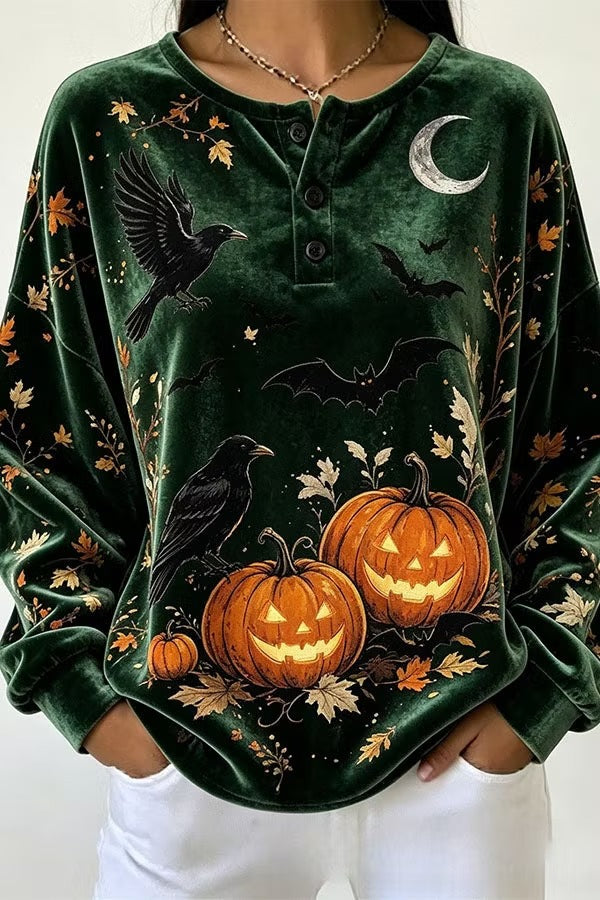 Spooky Season Velvet Long Sleeve Halloween Shirt with Buttons