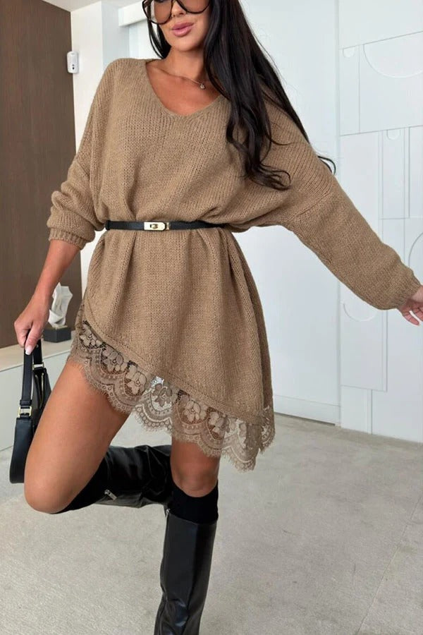 Rowena Knit V-neck Long Sleeve Asymmetrical Lace Trim Slit Relaxed Sweater