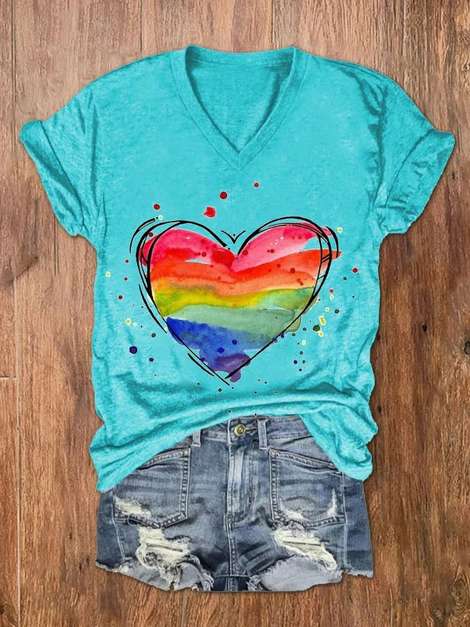 Women's Watercolor Love Heart Rainbow Print V-Neck T-Shirt