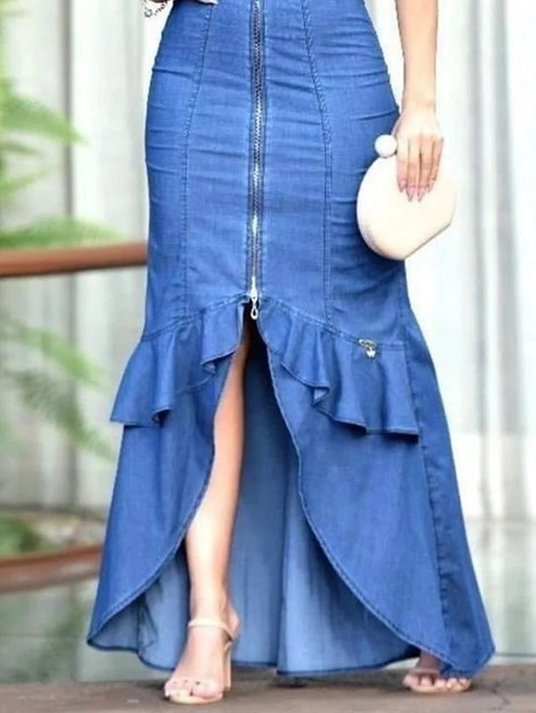 UR Fashion Plain Boat Neck Short Sleeve Tulip Hem Maxi Denim Bodycon Dress