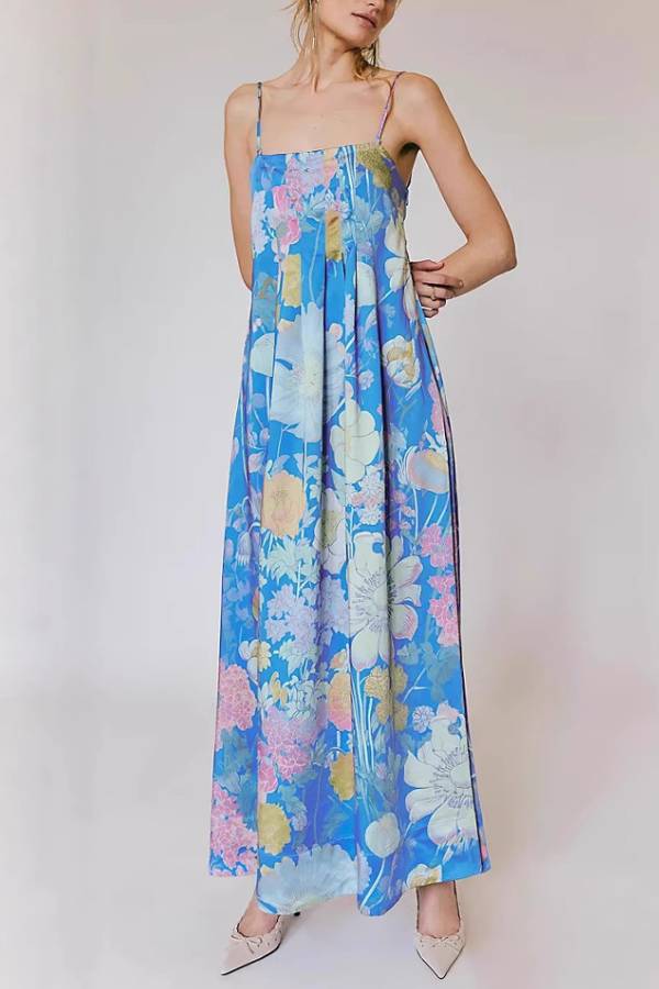 Vintage Oil‑Painting Floral Spaghetti Strap Maxi Dress