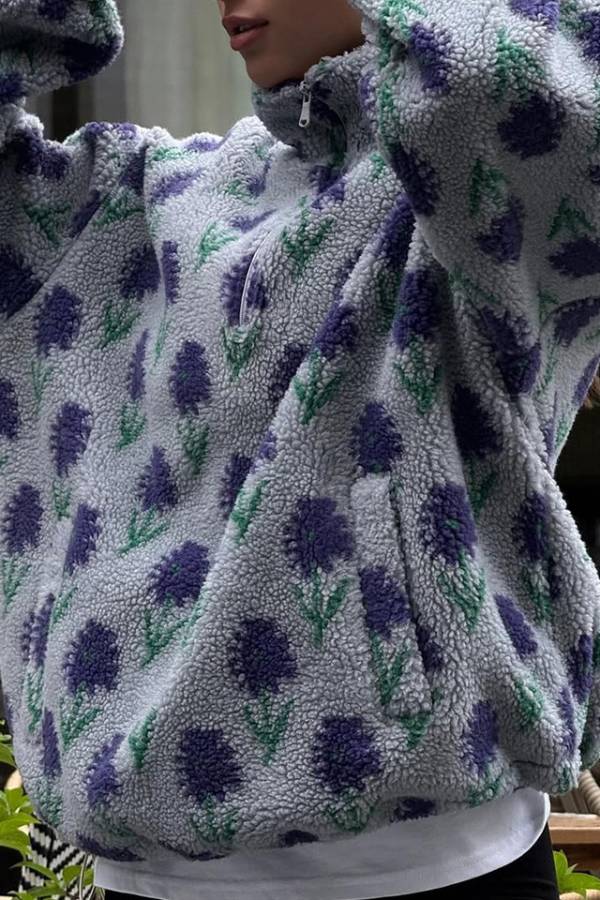 Women's Half Zip Stand Collar Floral Print Sherpa Fleece Jacket