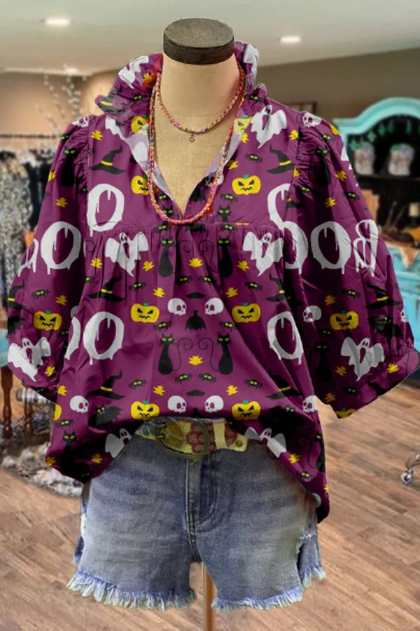 Halloween Print Puff Sleeve Top