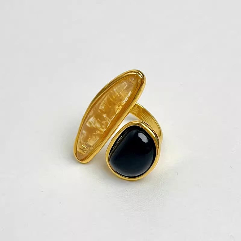 Vintage Two-Tone Natural Stone Open Ring Geometric Contrast Irregular Wide Statement Band