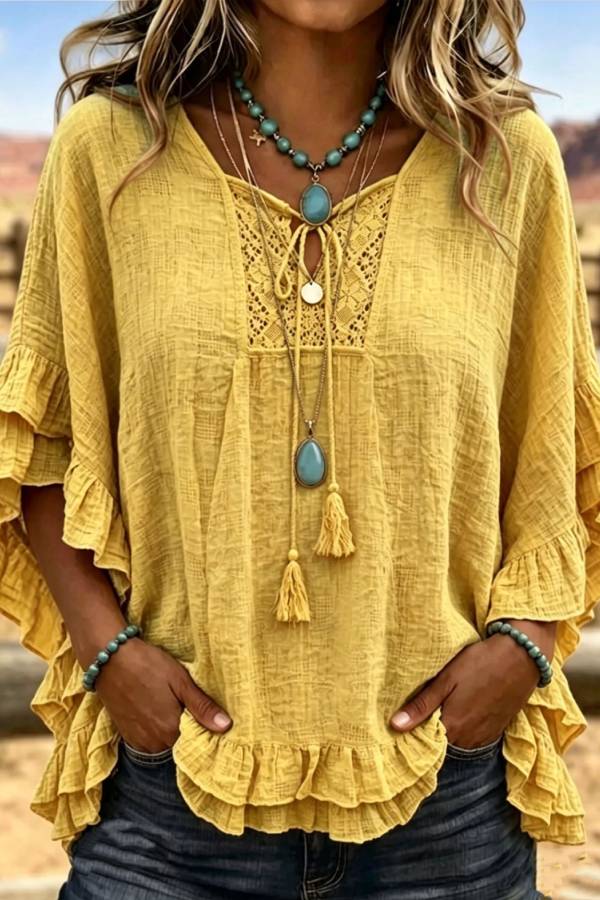 Boho Crochet Tie Tassel Ruffle Sleeve Loose Cotton-Linen Blouse