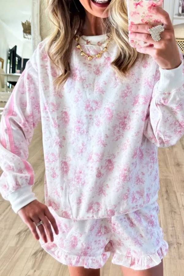 Floral Print Long Sleeve Sweatshirt and Shorts Set