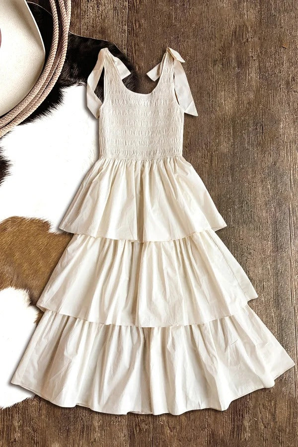 Natural Tiered Ruffle Layers Sleeveless Midi Dress