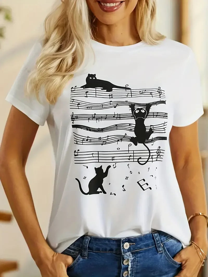 Women's T-Shirt Sheet Music Cat Print Short Sleeve