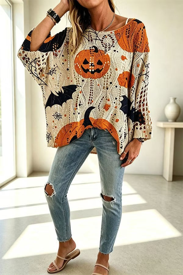 Halloween Pumpkin & Bat Hollow Out Knit Oversized Sweater