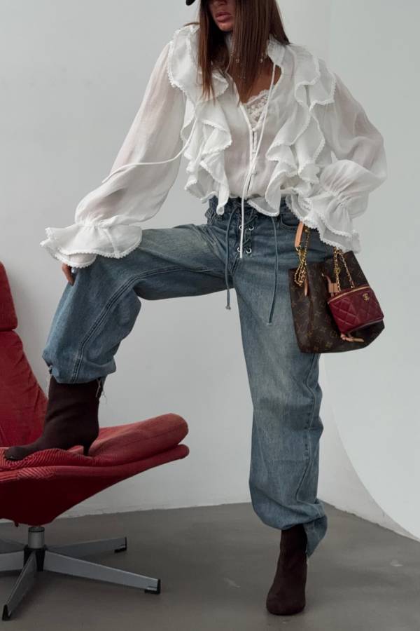 Vintage Ruffle Tie‑Front Cropped Chiffon Blouse