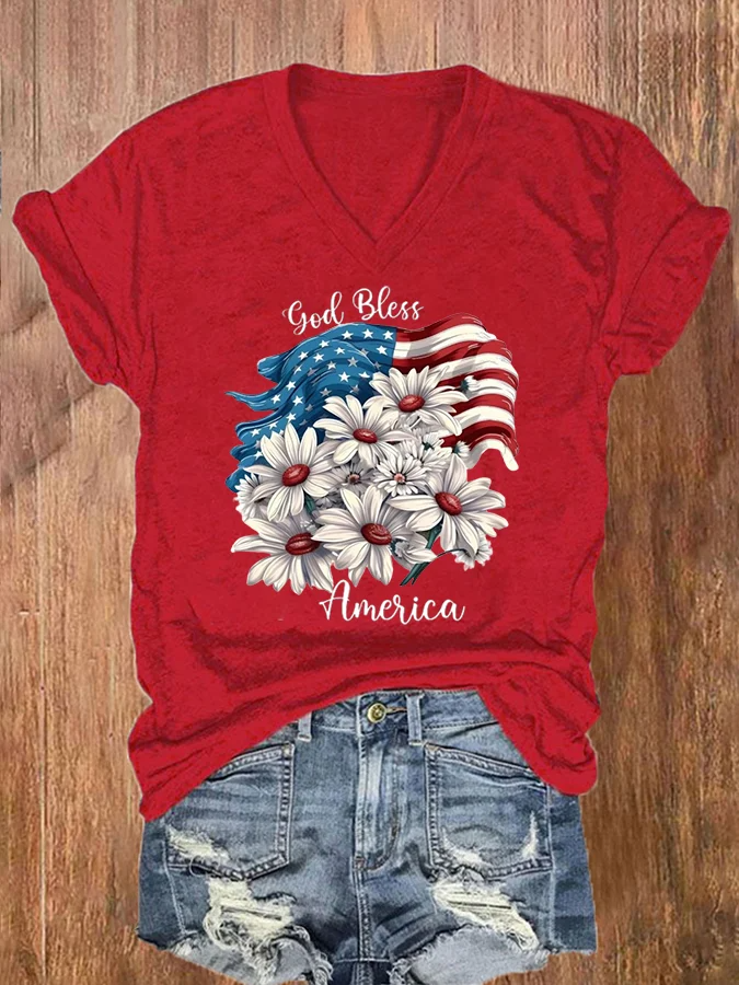 Women's American Flag Independence Day Print V-Neck T-Shirt