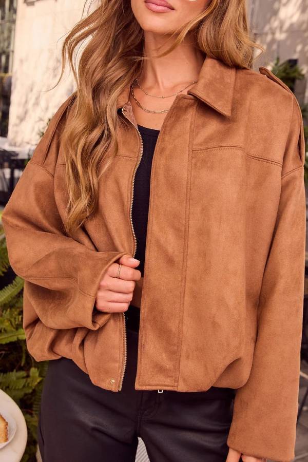 Maple Mornings Suede Bubble Hem Bomber Jacket