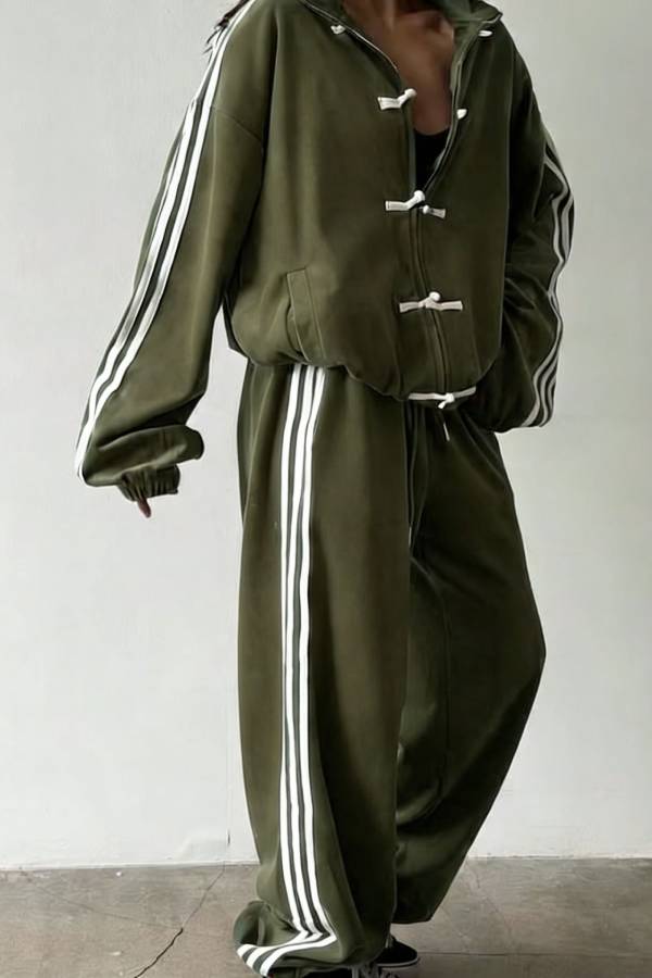 Chinese Frog Button Striped Tracksuit Two‑Piece Set