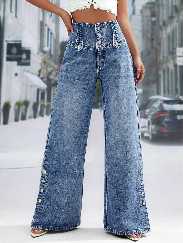 Fashion Plain High Waist Button Wide Leg Long Pants