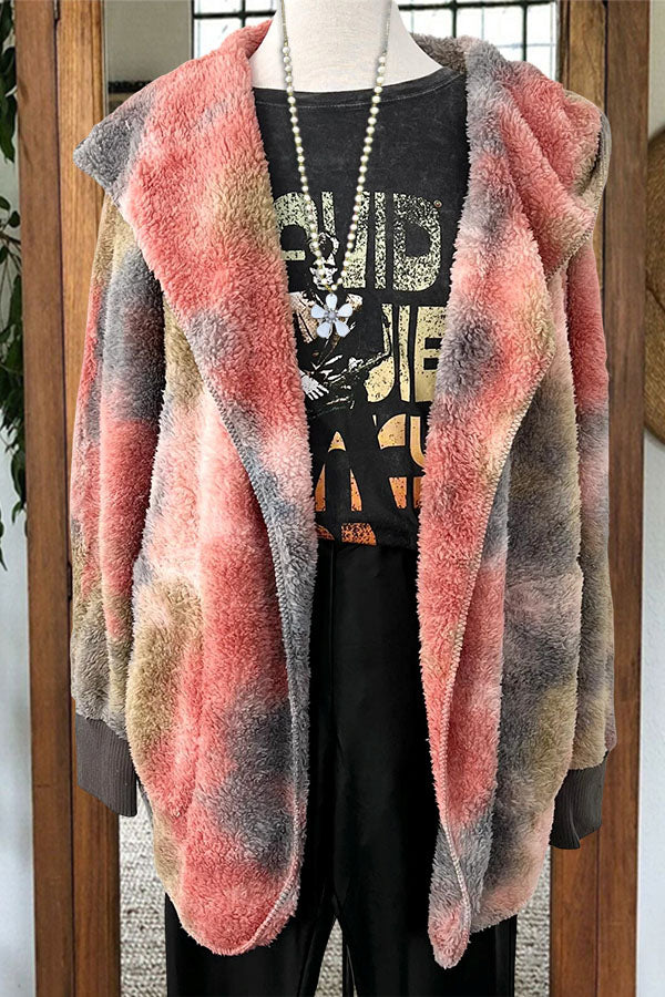 Fuzzy Tie Dye Open Hooded Jacket