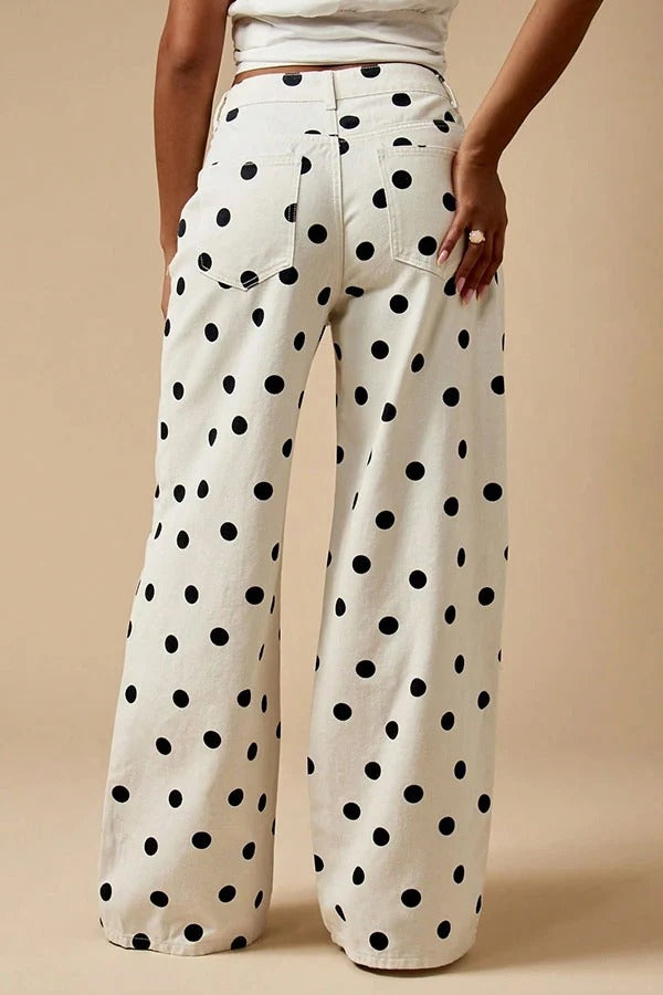 Retro Style Polka Dot Print High Waist Pocketed Wide Leg High Waisted Jeans