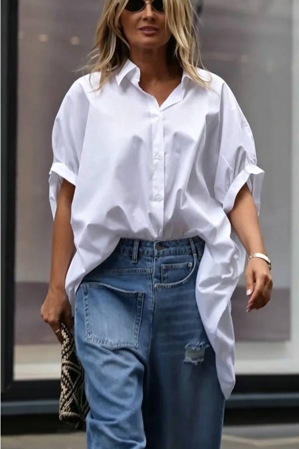 Tania Cotton Blend Button Up Wide Sleeve Oversized Long Shirt