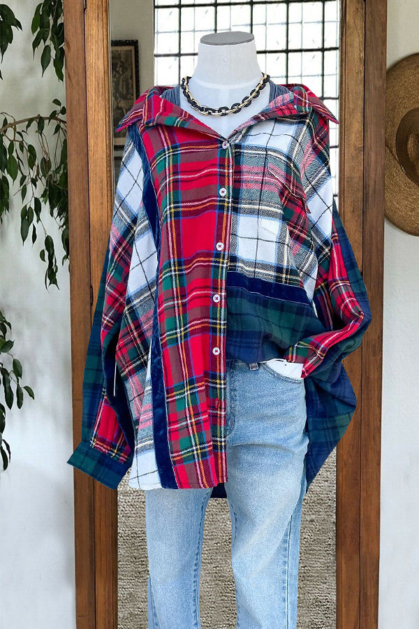 Velvet-trimmed Color-block Plaid Top