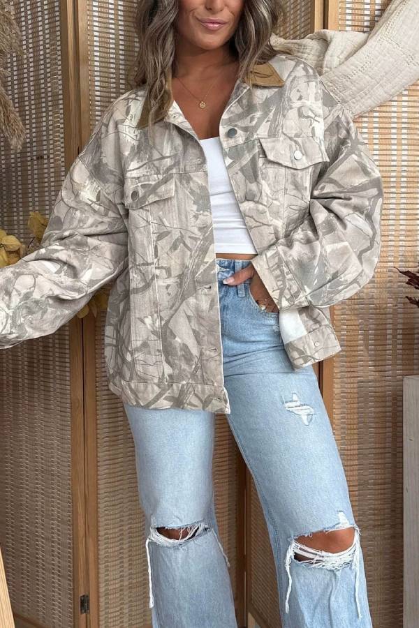 Vintage Leaf Camo Contrast Collar Utility Jacket
