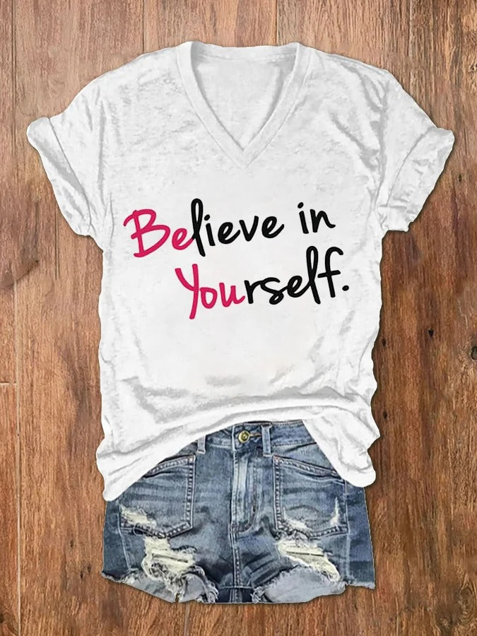 Women's Believe Yourself Printed V-Neck T-Shirt
