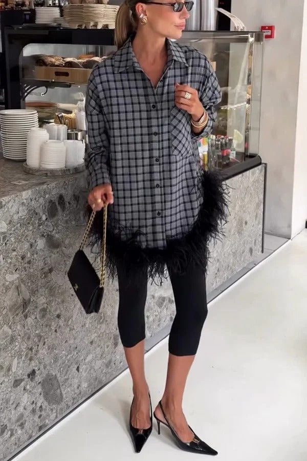 Dylan Plaid Print Long Sleeve Feather Trim Hem Pocket H-line Loose Blouse