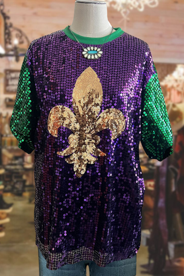 Mardi Gras Color Block Sequin Top