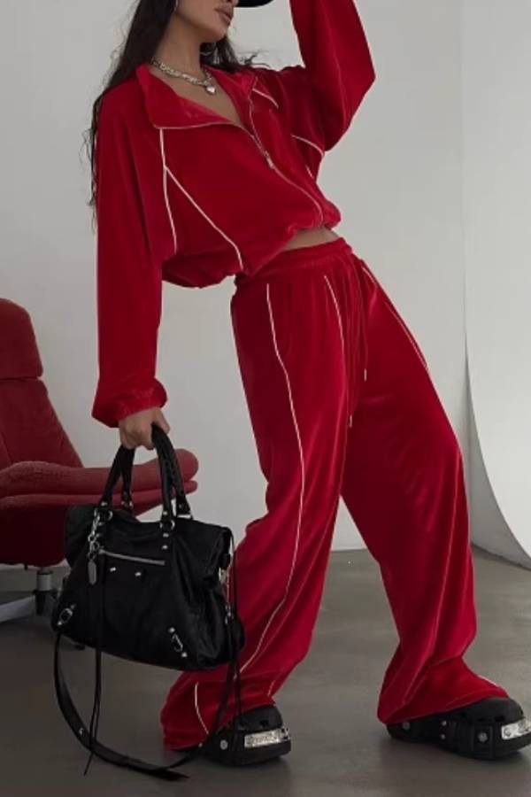 Contrast Piping Velvet Tracksuit 2 Piece Outfit