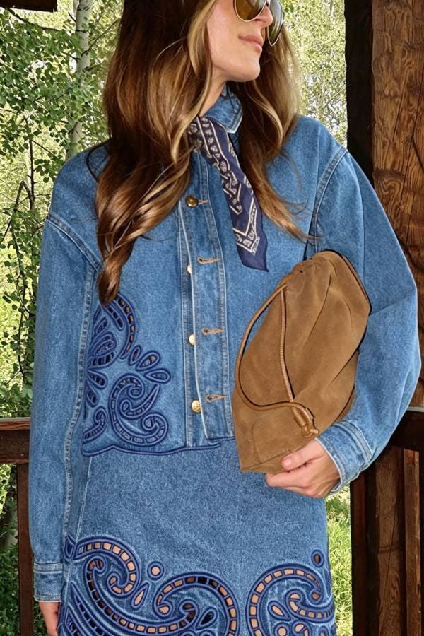 Karoline Denim Embroidered Flower Cutout Design Button Long Sleeve Jacket
