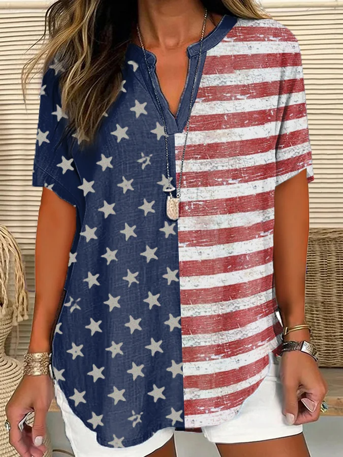 Women's Independence Day Vintage America Flag Print Casual Short Sleeve Shirt