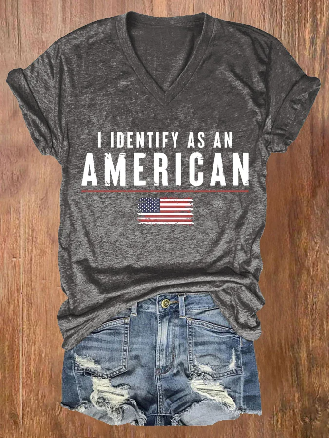 Women's I Identify As An American Print Casual V Neck T-shirt