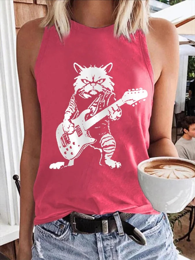 Women's Rock Cat Playing Guitar Casual Vest