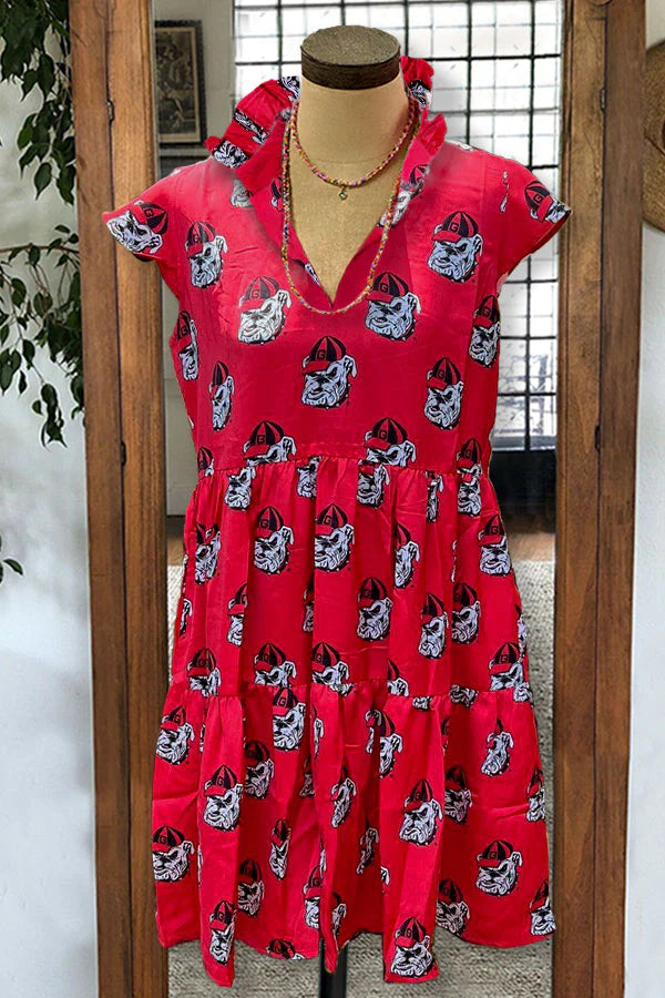 V-neck Ruffles Pleated Bulldog Print Dress