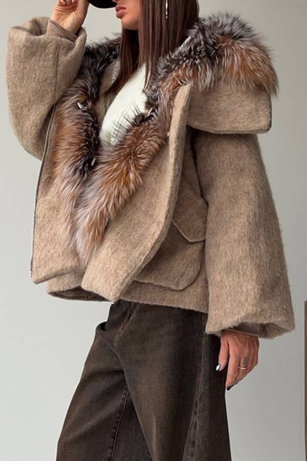 Short Hooded Wool Blend Coat With Large Fur Collar