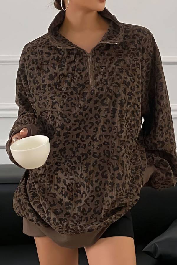 Leopard Corduroy Half‑Zip Oversized Sweatshirt
