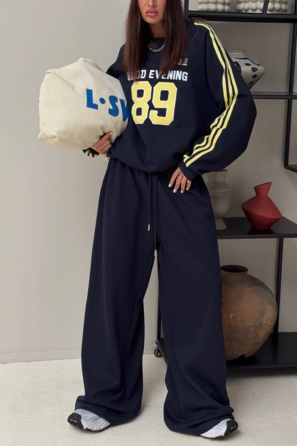 American Striped Number Print Tracksuit Two Piece Outfit