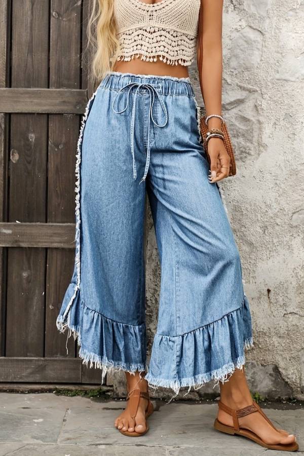 Boho Fringe Ruffled Denim Wide‑Leg Cropped Pants