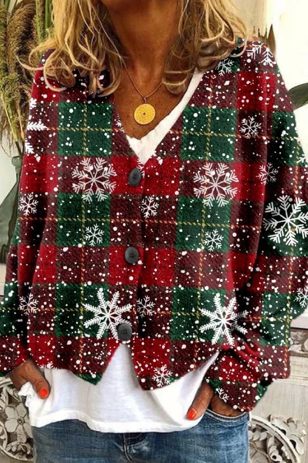 Christmas-themed V-neck single-breasted loose-fitting knit cardigan