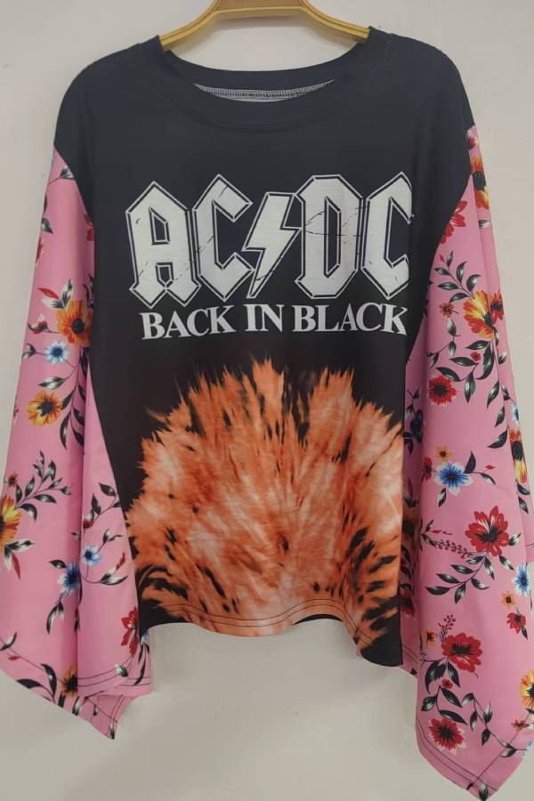 AC/DC Floral Contrast-Sleeve Top