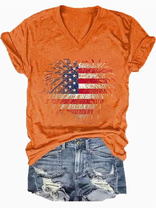 Women's Independence Day Fireworks Flag Print T-Shirt